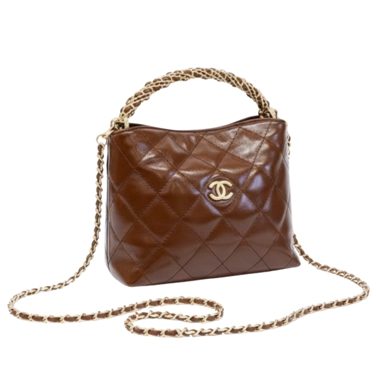 Chanel | Quilted Braided Handle Chain Hobo In Brown Leather.