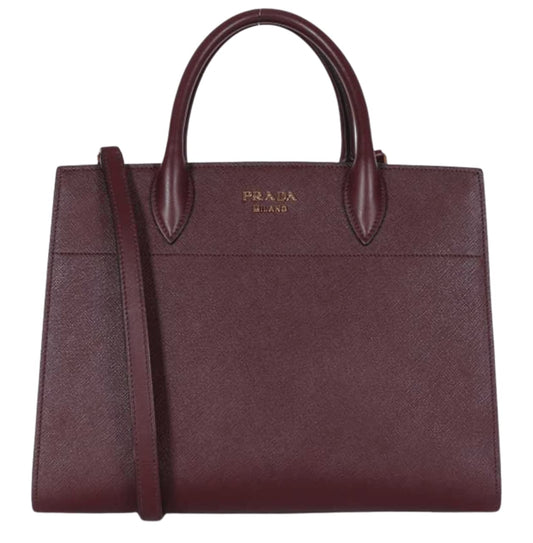 Prada | Bibliotheque Saffiano City Leather Tote Handbag In A Burgundy Color